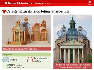 Legenda
Características da arquitetura renascentista
Cúpula
Simetria (eixo de
simetria aproximado)
Arco de volta
perfeita
Maqueta do templo da Villa Bárbaro
Templo da Villa Bárbaro, Maser, Itália.
Andrea Palladio. Século XVI
 