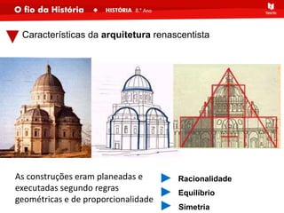 Características da arquitetura renascentista
As construções eram planeadas e
executadas segundo regras
geométricas e de proporcionalidade
Racionalidade
Equilíbrio
Simetria
 