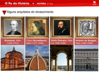 Alguns arquitetos do renascimento
Bramante, Itália
(1444-1514)
Filippo Brunelleschi,
Itália (1377-1446)
Giulio Romano, Itália
(ca 1499-1546)
António de Sangalo,
Itália (1484-1546)
 