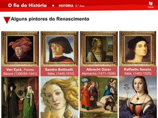 Alguns pintores do Renascimento
Van Eyck, Países
Baixos (1390/95-1441)
Sandro Botticelli,
Itália, (1445-1510)
Albrecht Dürer
Alemanha (1471-1528)
Raffaello Sanzio,
Itália, (1483-1520)
 