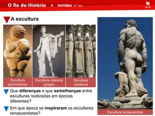 A escultura
Que diferenças e que semelhanças entre
esculturas realizadas em épocas
diferentes?
Escultura renascentista
Em que época se inspiraram os escultores
renascentistas?
Escultura
(pré-história)
Escultura clássica
(grega)
Escultura
medieval
 