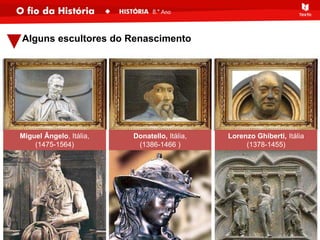 Miguel Ângelo, Itália,
(1475-1564)
Donatello, Itália,
(1386-1466 )
Lorenzo Ghiberti, Itália
(1378-1455)
Alguns escultores do Renascimento
 