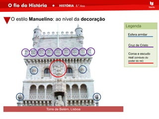 Esfera armilar
Cruz de Cristo
Coroa e escudo
real (símbolo do
poder do rei)
O estilo Manuelino: ao nível da decoração
Torre de Belém, Lisboa
Legenda
 