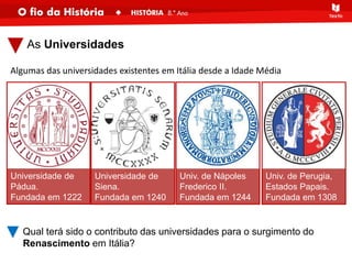 Universidade de
Pádua.
Fundada em 1222
Universidade de
Siena.
Fundada em 1240
Univ. de Nápoles
Frederico II.
Fundada em 1244
As Universidades
Univ. de Perugia,
Estados Papais.
Fundada em 1308
Algumas das universidades existentes em Itália desde a Idade Média
Qual terá sido o contributo das universidades para o surgimento do
Renascimento em Itália?
 