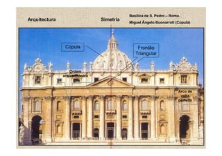 Basílica de S. Pedro – Roma.
Arquitectura                    Simetria
                                           Miguel Ângelo Buonarroti (Cúpula)




                Cúpula                         Frontão
                                              Triangular


                  Ordem
               arquitectónica



                                                                      Arco de
                                                                       volta
                                                                      perfeita
 