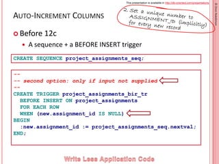 This presentation is available in http://db-oriented.com/presentations
©OrenNakdimon
AUTO-INCREMENT COLUMNS
 Before 12c
...