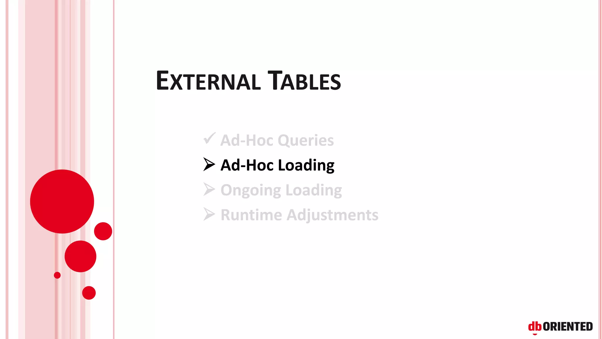EXTERNAL TABLES
✓ Ad-Hoc Queries
➢ Ad-Hoc Loading
➢ Ongoing Loading
➢ Runtime Adjustments
 