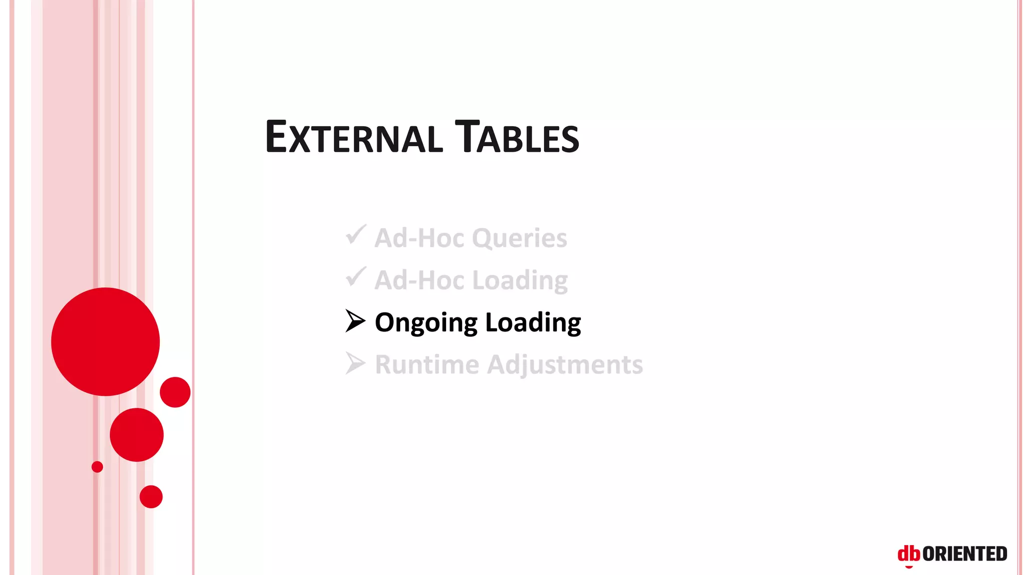 EXTERNAL TABLES
✓ Ad-Hoc Queries
✓ Ad-Hoc Loading
➢ Ongoing Loading
➢ Runtime Adjustments
 
