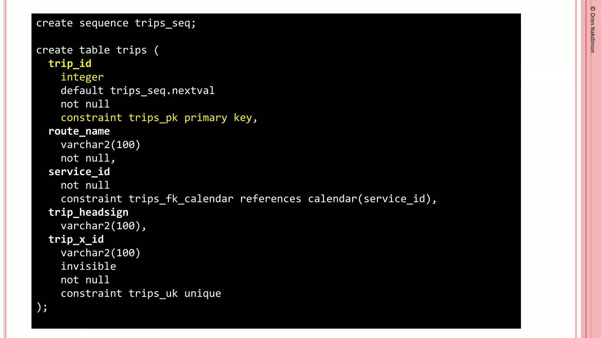 ©
Oren
Nakdimon
©
Oren
Nakdimon
create sequence trips_seq;
create table trips (
trip_id
integer
default trips_seq.nextval
not null
constraint trips_pk primary key,
route_name
varchar2(100)
not null,
service_id
not null
constraint trips_fk_calendar references calendar(service_id),
trip_headsign
varchar2(100),
trip_x_id
varchar2(100)
invisible
not null
constraint trips_uk unique
);
 