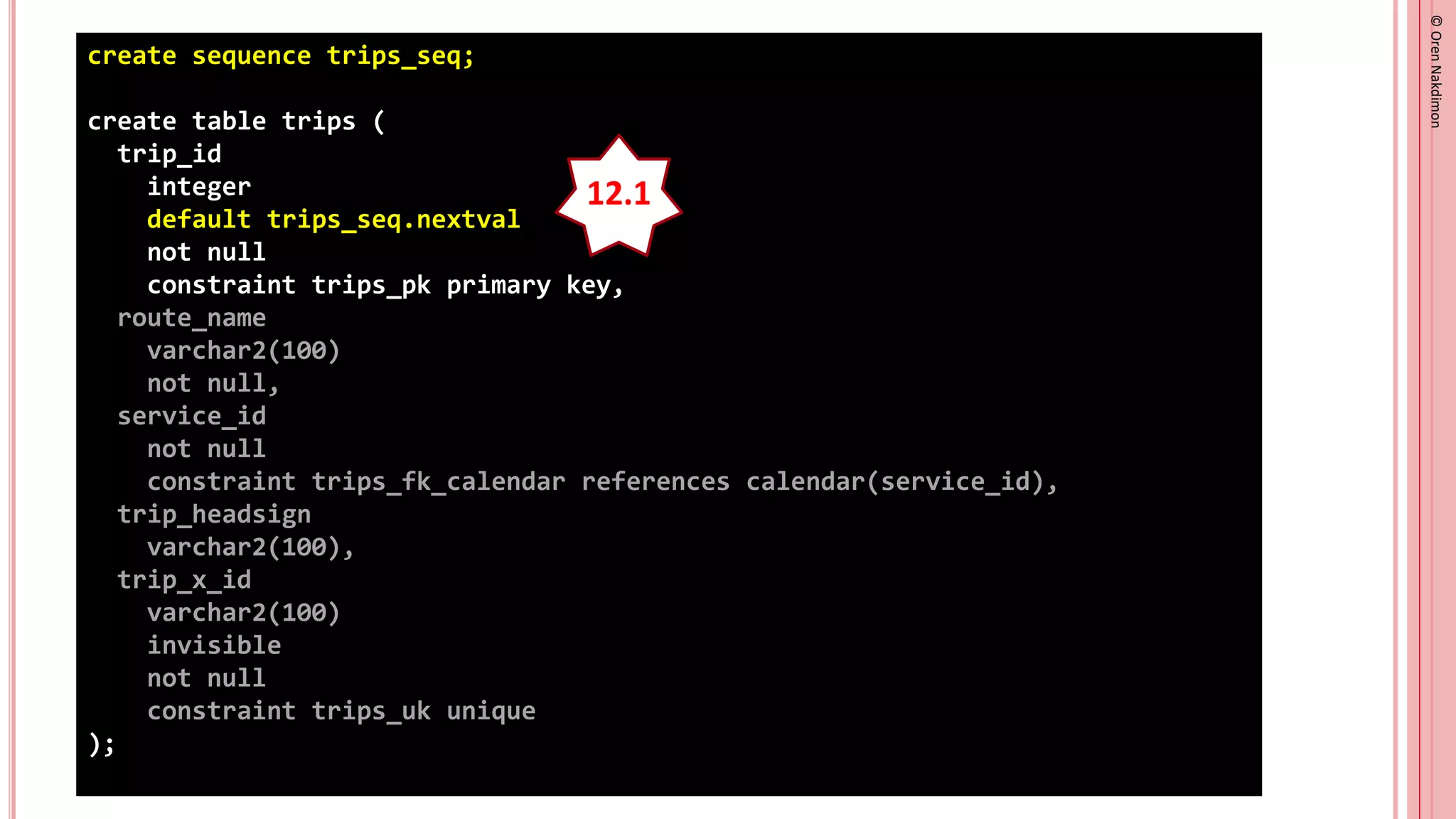 ©
Oren
Nakdimon
©
Oren
Nakdimon
create sequence trips_seq;
create table trips (
trip_id
integer
default trips_seq.nextval
not null
constraint trips_pk primary key,
route_name
varchar2(100)
not null,
service_id
not null
constraint trips_fk_calendar references calendar(service_id),
trip_headsign
varchar2(100),
trip_x_id
varchar2(100)
invisible
not null
constraint trips_uk unique
);
12.1
 