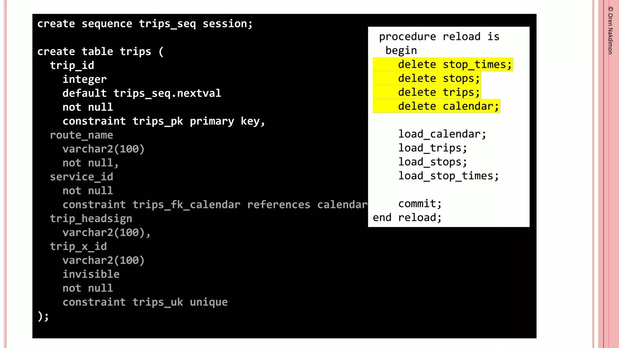 ©
Oren
Nakdimon
©
Oren
Nakdimon
create sequence trips_seq session;
create table trips (
trip_id
integer
default trips_seq.nextval
not null
constraint trips_pk primary key,
route_name
varchar2(100)
not null,
service_id
not null
constraint trips_fk_calendar references calendar(service_id),
trip_headsign
varchar2(100),
trip_x_id
varchar2(100)
invisible
not null
constraint trips_uk unique
);
procedure reload is
begin
delete stop_times;
delete stops;
delete trips;
delete calendar;
load_calendar;
load_trips;
load_stops;
load_stop_times;
commit;
end reload;
 