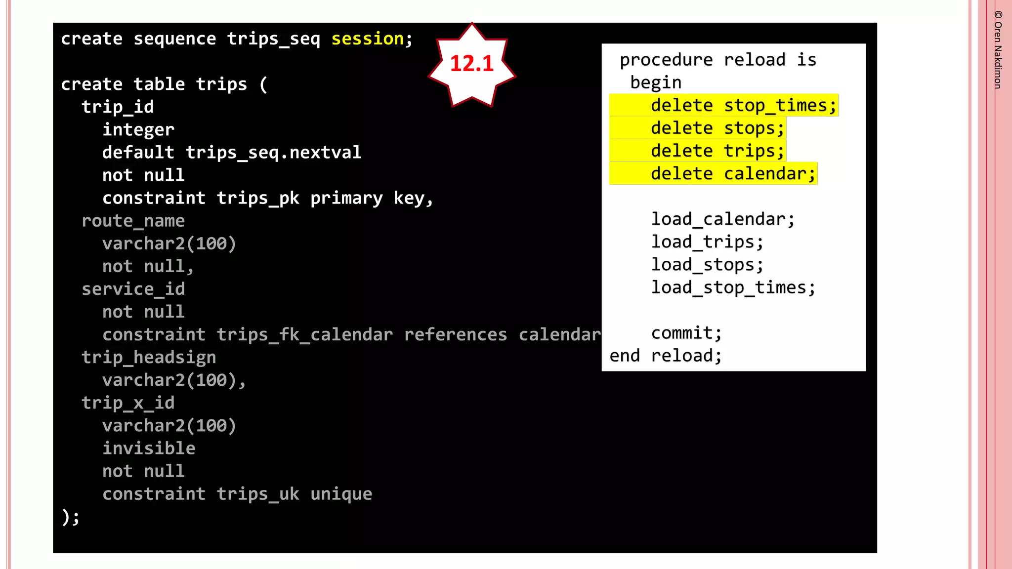 ©
Oren
Nakdimon
©
Oren
Nakdimon
create sequence trips_seq session;
create table trips (
trip_id
integer
default trips_seq.nextval
not null
constraint trips_pk primary key,
route_name
varchar2(100)
not null,
service_id
not null
constraint trips_fk_calendar references calendar(service_id),
trip_headsign
varchar2(100),
trip_x_id
varchar2(100)
invisible
not null
constraint trips_uk unique
);
12.1 procedure reload is
begin
delete stop_times;
delete stops;
delete trips;
delete calendar;
load_calendar;
load_trips;
load_stops;
load_stop_times;
commit;
end reload;
 