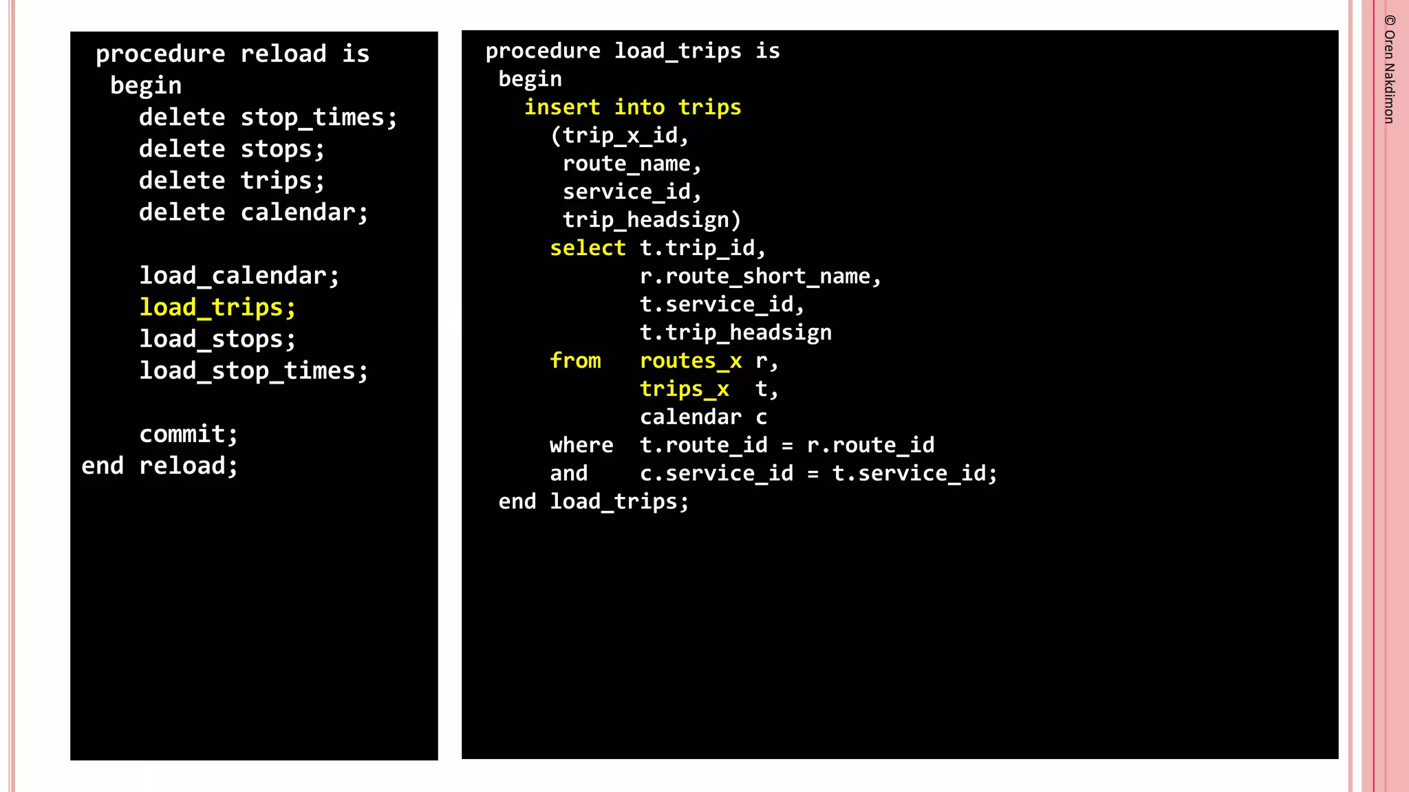 ©
Oren
Nakdimon
©
Oren
Nakdimon
procedure reload is
begin
delete stop_times;
delete stops;
delete trips;
delete calendar;
load_calendar;
load_trips;
load_stops;
load_stop_times;
commit;
end reload;
procedure load_trips is
begin
insert into trips
(trip_x_id,
route_name,
service_id,
trip_headsign)
select t.trip_id,
r.route_short_name,
t.service_id,
t.trip_headsign
from routes_x r,
trips_x t,
calendar c
where t.route_id = r.route_id
and c.service_id = t.service_id;
end load_trips;
 
