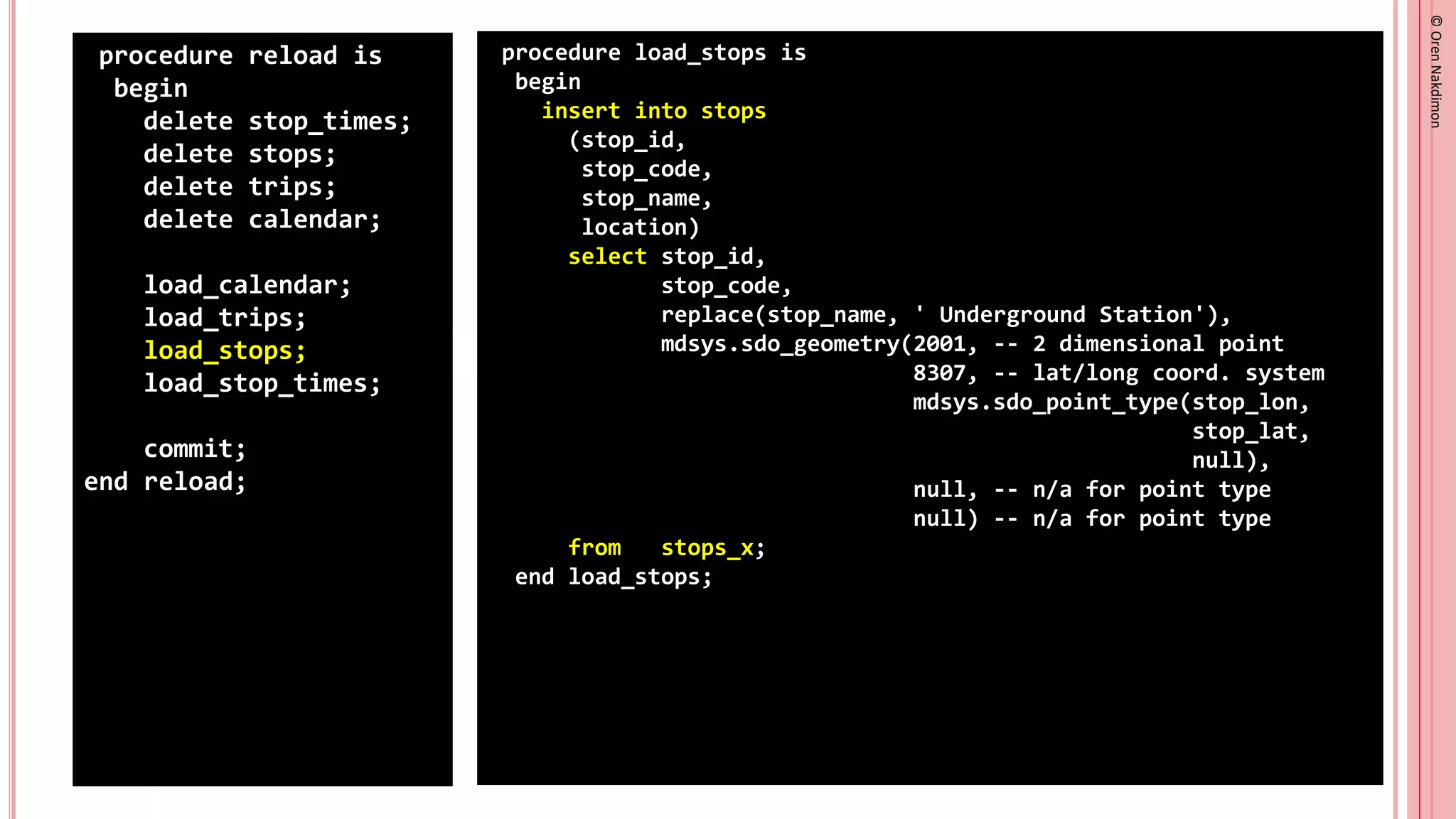 ©
Oren
Nakdimon
©
Oren
Nakdimon
procedure reload is
begin
delete stop_times;
delete stops;
delete trips;
delete calendar;
load_calendar;
load_trips;
load_stops;
load_stop_times;
commit;
end reload;
procedure load_stops is
begin
insert into stops
(stop_id,
stop_code,
stop_name,
location)
select stop_id,
stop_code,
replace(stop_name, ' Underground Station'),
mdsys.sdo_geometry(2001, -- 2 dimensional point
8307, -- lat/long coord. system
mdsys.sdo_point_type(stop_lon,
stop_lat,
null),
null, -- n/a for point type
null) -- n/a for point type
from stops_x;
end load_stops;
 