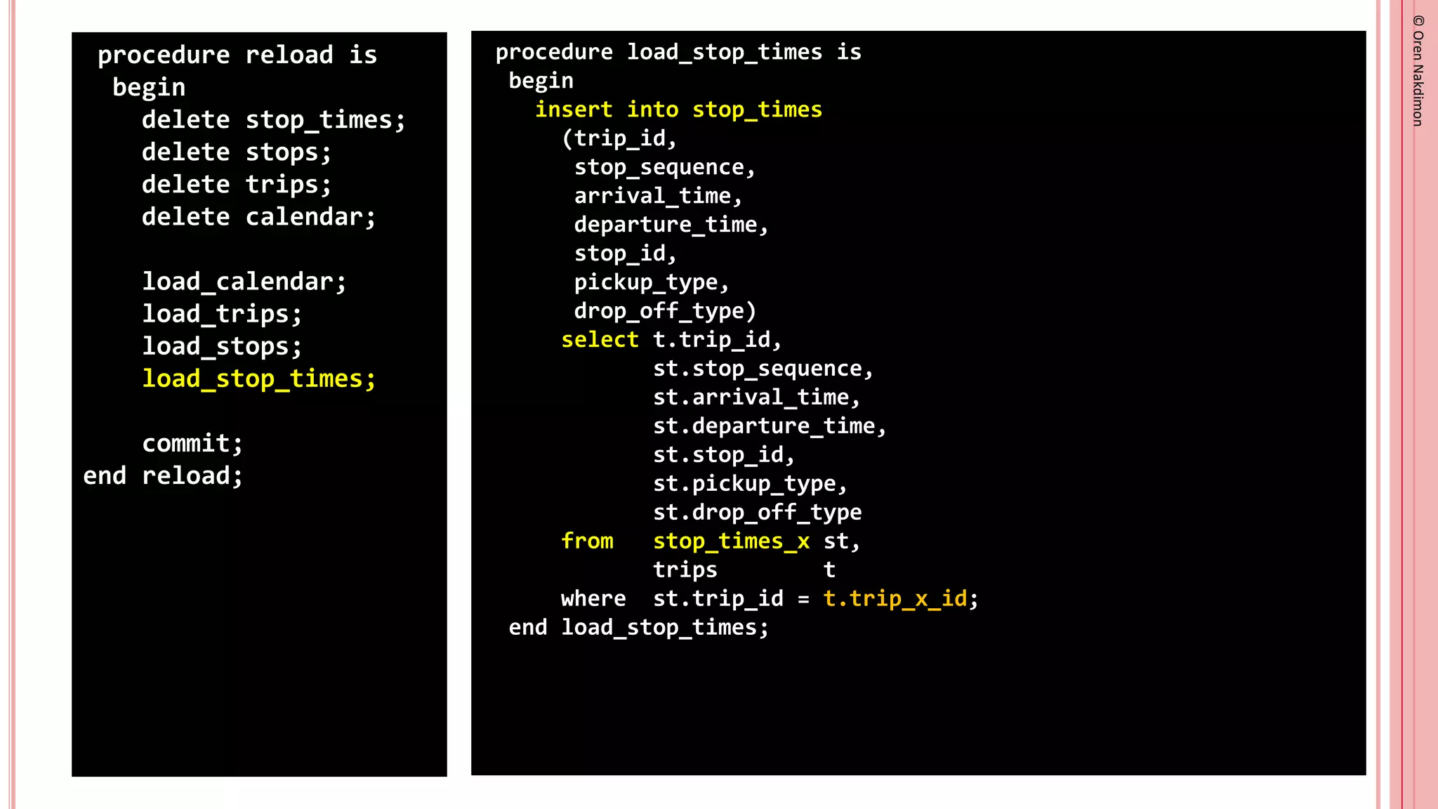 ©
Oren
Nakdimon
©
Oren
Nakdimon
procedure reload is
begin
delete stop_times;
delete stops;
delete trips;
delete calendar;
load_calendar;
load_trips;
load_stops;
load_stop_times;
commit;
end reload;
procedure load_stop_times is
begin
insert into stop_times
(trip_id,
stop_sequence,
arrival_time,
departure_time,
stop_id,
pickup_type,
drop_off_type)
select t.trip_id,
st.stop_sequence,
st.arrival_time,
st.departure_time,
st.stop_id,
st.pickup_type,
st.drop_off_type
from stop_times_x st,
trips t
where st.trip_id = t.trip_x_id;
end load_stop_times;
 