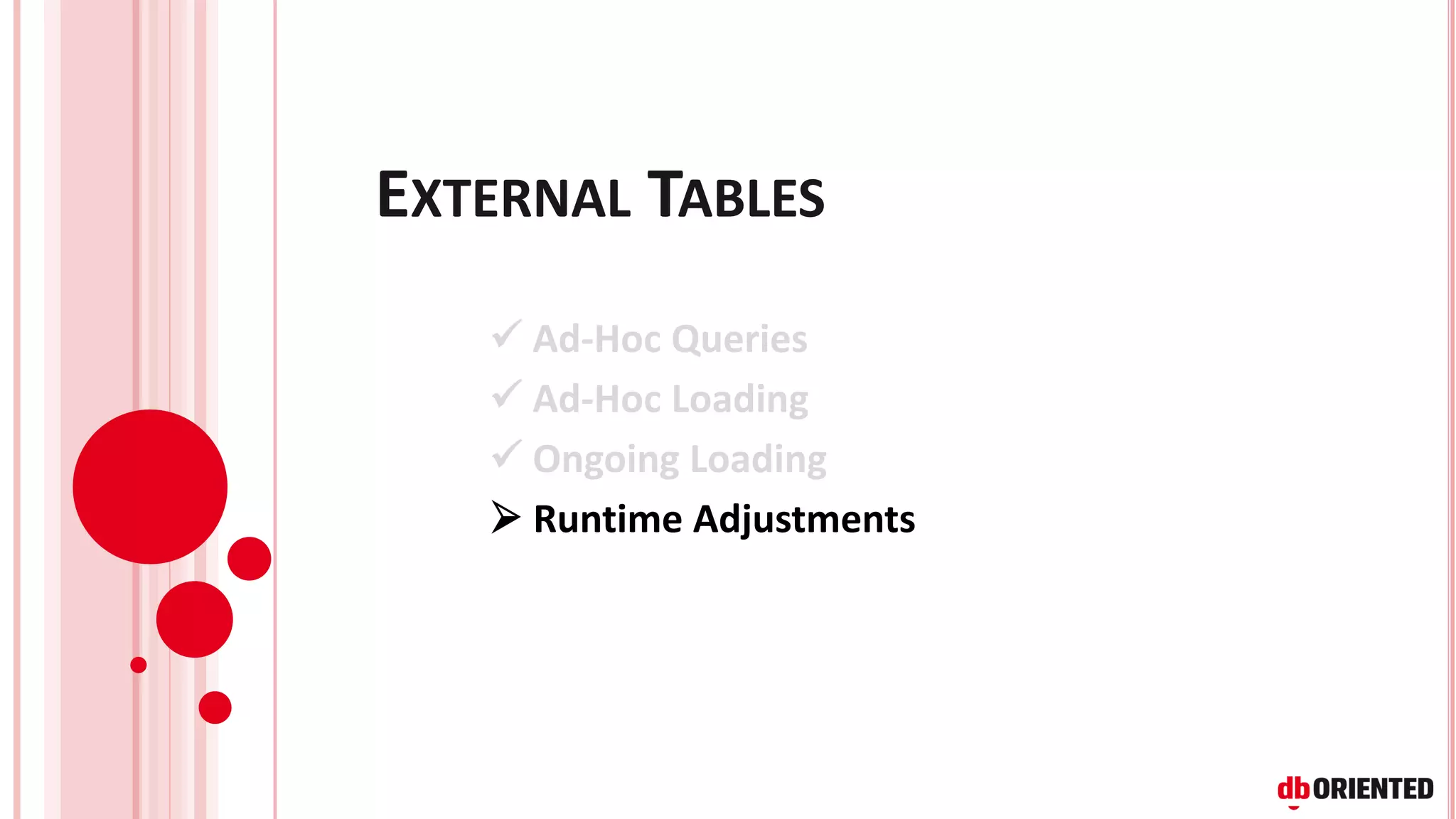 EXTERNAL TABLES
✓ Ad-Hoc Queries
✓ Ad-Hoc Loading
✓ Ongoing Loading
➢ Runtime Adjustments
 