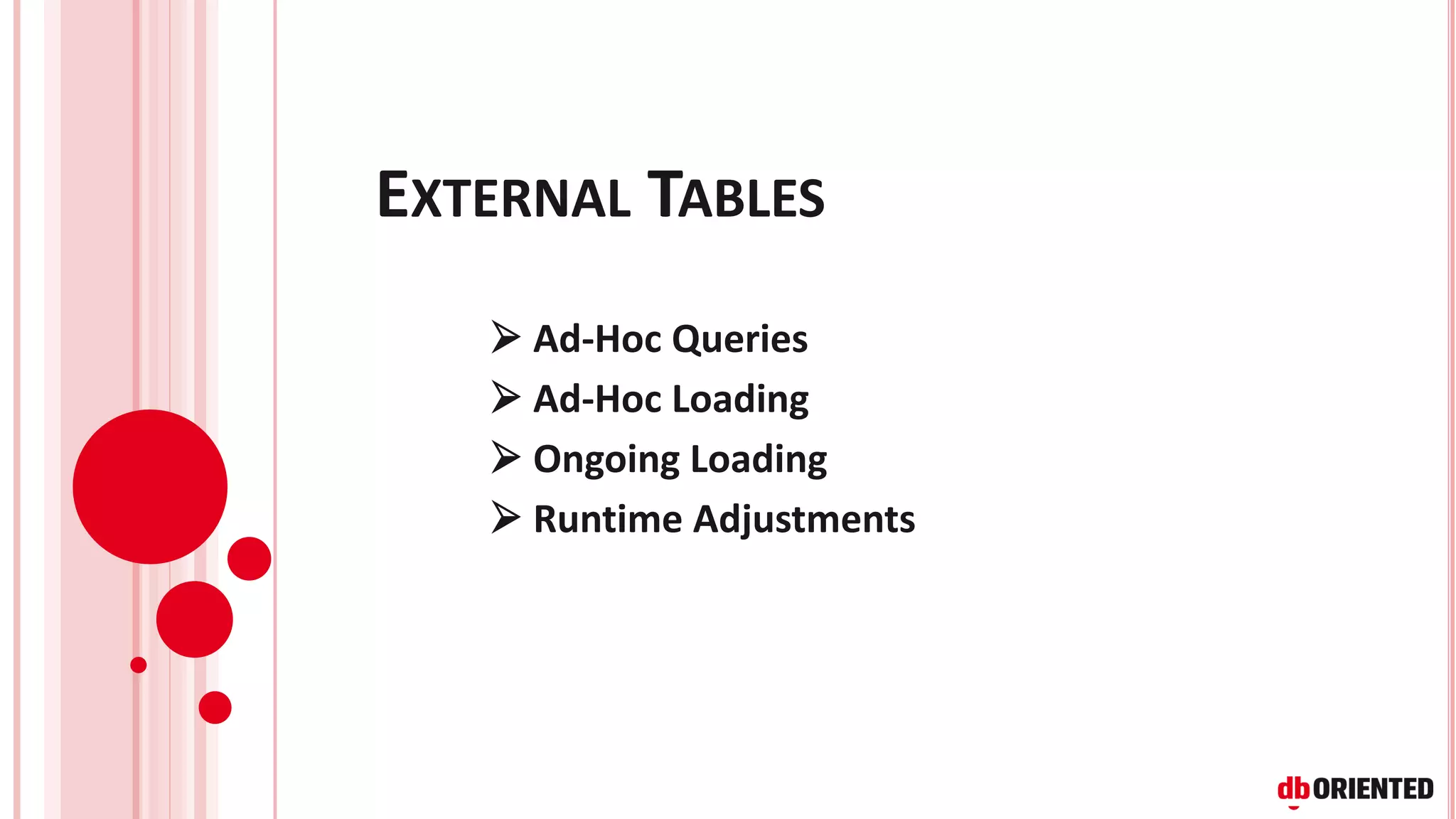 EXTERNAL TABLES
➢ Ad-Hoc Queries
➢ Ad-Hoc Loading
➢ Ongoing Loading
➢ Runtime Adjustments
 