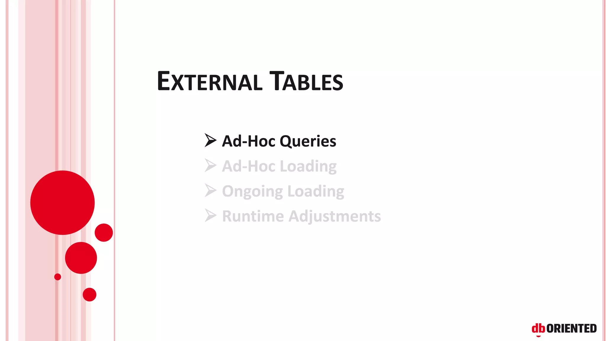 EXTERNAL TABLES
➢ Ad-Hoc Queries
➢ Ad-Hoc Loading
➢ Ongoing Loading
➢ Runtime Adjustments
 