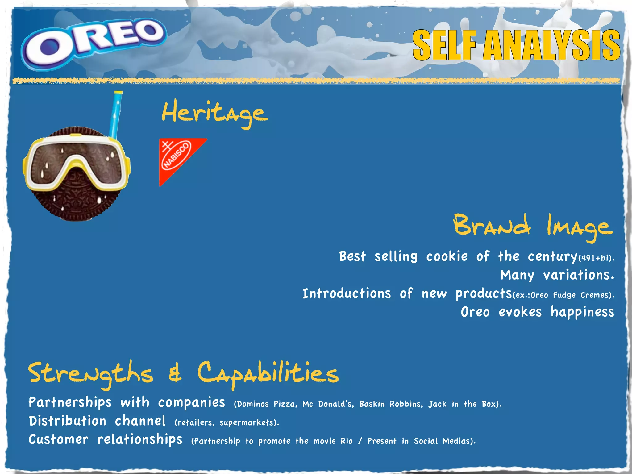 SELF ANALYSIS
                          Heritage



                                                                                    Brand Image
                                                           Best selling cookie of the century(491+bi).
                                                                                  Many variations.
                                                      Introductions of new products(ex.:Oreo Fudge Cremes).
                                                                             Oreo evokes happiness



Strengths & Capabilities
Partnerships with companies (Dominos Pizza, Mc Donald’s, Baskin Robbins, Jack in the        Box).

Distribution channel (retailers, supermarkets).
Customer relationships (Partnership to promote the movie Rio / Present in Social Medias).
 