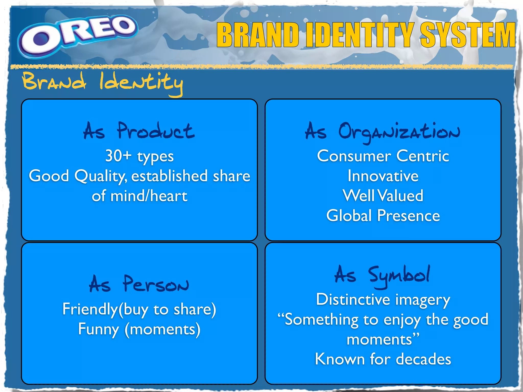 BRAND IDENTITY SYSTEM
Brand Identity

       As Product                    As Organization
        30+ types                      Consumer Centric
Good Quality, established share            Innovative
      of mind/heart                       Well Valued
                                        Global Presence



        As Person                        As Symbol
                                      Distinctive imagery
    Friendly(buy to share)
                                  “Something to enjoy the good
      Funny (moments)
                                          moments”
                                      Known for decades
 