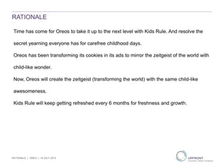 RATIONALE
Time has come for Oreos to take it up to the next level with Kids Rule. And resolve the
secret yearning everyone has for carefree childhood days.
Oreos has been transforming its cookies in its ads to mirror the zeitgeist of the world with
child-like wonder.
Now, Oreos will create the zeitgeist (transforming the world) with the same child-like
awesomeness.
Kids Rule will keep getting refreshed every 6 months for freshness and growth.
RATIONALE | OREO | 19 JULY 2013
 