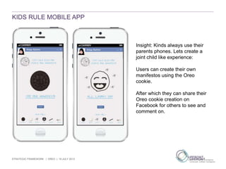 STRATEGIC FRAMEWORK | OREO | 19 JULY 2013
Insight: Kinds always use their
parents phones. Lets create a
joint child like experience:
Users can create their own
manifestos using the Oreo
cookie.
After which they can share their
Oreo cookie creation on
Facebook for others to see and
comment on.
KIDS RULE MOBILE APP
 