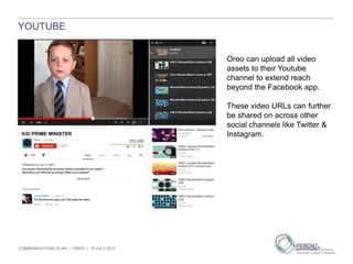 COMMUNICATIONS PLAN | OREO | 19 JULY 2013
YOUTUBE
Oreo can upload all video
assets to their Youtube
channel to extend reach
beyond the Facebook app.
These video URLs can further
be shared on across other
social channels like Twitter &
Instagram.
 