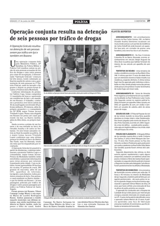 SÁBADO, 27 de junho de 2009
                                                                                              POLÍCIA                                                                       O REPÓRTER        27



Operação conjunta resulta na detenção                                                                                                           PLANTÃO REPÓRTER


de seis pessoas por tráfico de drogas                                                                                                               ARROMBAMENTO - Um arrombamento
                                                                                                                                                  ocorreu na Rua Carlos Gomes, 189 , no Bairro
                                                                                                                                                  Osvaldo Aranha. Elementos escalaram um
                                                                                                                                                  muro, tendo acesso a um portão da residência
A Operação Grácula resultou                                                                                                                       de Carlos Eickoff, de onde levaram um apare-
                                                                                                                                                  lho lava jato, um cortador de grama, uma
na detenção de seis pessoas                                                                                                                       furadeira, uma serra tico tico e um chuveiro.
ontem por tráfico em Ijuí e
também em Bozano                                                                                                                                     ARROMBAMENTO II - Na Rua Cristóvão
                                                                                                                                                  Colombo,78 no Bairro Alvorada, ocorreu ar-
                                                                                                                                                  rombamento em veículo. Sérgio Augusto da


U
        ma operação conjunta feita                                                                                                                Silva disse na polícia que ladrões furtaram do
        pelo Ministério Público, 29º                                                                                                              interior do seu veículo um aparelho de som
        Batalhão da Polícia Militar e                                                                                                             com CD.
Polícia Civil resultou ontem na pri-
são de seis pessoas acusadas de trá-                                                                                                                TENTATIVA DE ROUBO - Uma tentativa de
fico de drogas e uma outra pessoa                                                                                                                 roubo a residência ocorreu na Rua Mário Silva,
por crime de receptação. A denomi-                                                                                                                348. A vítima, que tem 73 anos de idade disse
nada “Operação Grácula” começou                                                                                                                   que um elemento moreno e baixo invadiu sua
há três meses, tendo culminado ao
                                                                                                                                                  residência, exigindo dinheiro. A vítima tentou
final da manhã de ontem com a apre-
                                                                                                                                                  fugir mas foi agarrada pelo indíviduo e derru-
sentação de seis pessoas no 2º Dis-
                                                                                                                                                  bada no chão, sendo pisada numa das pernas,
trito Policial, onde foi lavrado o fla-
grante e depois os presos foram le-                                                                                                               onde possui uma prótese. O autor da tentativa
vados à Penitenciária Modulada.                                                                                                                   de roubo fugiu sem levar nada.
   Conforme informação do promo-
                                          Os seis detidos na Operação Grácula foram apresentados ontem pela manhã na Delegacia de Polícia           ARROMBAMENTO III - Sônia de Almeida
tor Valério Cogo, foram cumpridos
11 mandados de busca e apreensão                                                                                                                  Pinto registrou arrombamento em sua residên-
em residências de Ijuí e um manda-                                                                                                                cia, localizada na Rua Professora Luiza Couto,
do em Bozano. O trabalho, confor-                                                                                                                 256. Segundo consta no registro policial la-
me o promotor, teve início ontem às                                                                                                               drões furtaram um aparelho vídeo cassete, um
4h da madrugada envolvendo 68 po-                                                                                                                 DVD, um aparelho de som, um violão e tam-
liciais militares, 20 viaturas, além do                                                                                                           bém um secador de cabelos, além de várias
próprio promotor e o comandante                                                                                                                   peças de roupa.
do 29º BPM, major Tomas Jacson
Trindade Lopes. Numa casa alugada                                                                                                                   SESSÃO DO JURI - O Tribunal Popular do Júri
em Bozano foi preso um casal que                                                                                                                  de Ijuí esteve reunido na terça-feira, quando
reside em Ijuí, no Bairro Jardim,                                                                                                                 absolveu os irmãos Jolair e Jolar Desbessaitis.
além do filho deles, no próprio bair-                                                                                                             Eles foram julgados pela morte de Amauri Ta-
ro.                                                                                                                                               deu Pinto Azevedo, ocorrido em 2003. Segun-
   Ainda ocorreu a prisão de um ho-                                                                                                               do a tese da defesa – acatada pelos jurados –
mem e de sua enteada no beco do                                                                                                                   Jolar agiu em legitima defesa e seu irmão Jolair
Osvaldo Aranha e de outro no Ser-                                                                                                                 não participou do crime.
tanejo. Os seis foram autuados on-
tem ao final da manhã na polícia. Já
                                                                                                                                                    PRISÃO EM FLAGRANTE - A Brigada Militar
o major tomas Jacson Trindade
                                                                                                                                                  de Ijuí prendeu quarta-feira a tarde Cristiano
Lopes confirmou que uma sétima
pessoa foi detida no beco do Bairro                                                                                                               dos Santos, 21 anos e Almir Marques dos San-
São Paulo, mas foi liberada, tendo                                                                                                                tos, 19 anos. Eles foram presos na Rua dos
em vista que foi enquadrada por re-                                                                                                               Aimorés, no Bairro Pindorama após praticarem
ceptação.                                 Antes de serem conduzidos à Modulada, o grupo detido por tráfico de drogas foi autuado em flagrante     um roubo a pedestre na Rua Emilio Glitz, Baiiro
   A Operação Grácula foi possível a                                                                                                              São Geraldo, quando foram vítimas dois ado-
partir de denúncias, conforme infor-                                                                                                              lescentes.
maram o promotor Valério Cogo e o                                                                                                                   Segundo depoimento das vítimas, os dois
comandante, major tomas Jacson.                                                                                                                   autores agiram rapidamente e após alguns
Presos da Modulada também estão                                                                                                                   empurrões, roubaram um telefone celular dos
envolvidos e passavam informações                                                                                                                 jovens. Cristiano e Almir dos Santos foram apre-
para estas pessoas que estavam                                                                                                                    sentados no segundo distrito policial e tiveram
transitando pela cidade. Com os de-                                                                                                               o flagrante lavrado pela delegada Carla Mussi.
tidos, foram apreendidas 49 buchas                                                                                                                Foram posteriormente recolhidos à Modulada.
de cocaína, 97 pedras de crack, 200
gramas de maconha, além de um                                                                                                                        TENTATIVA DE HOMICÍDIO - Uma tentativa
CPU, aparelhos de televisão,                                                                                                                      de homicídio ocorreu ontem por volta das 19
tacógrafo e auto-falantes, todos pro-                                                                                                             horas e 40 minutos no interior da Modulada
dutos oriundos de furto. Dos presos,                                                                                                              de Ijuí. Segundo o boletim policial feito por um
o casal residente no Bairro Jardim –                                                                                                              agente penitenciário , ele ouviu gritos no se-
e que foi detido em Bozano – já tem                                                                                                               tor A e quando chegou no local encontrou ago-
passagens policiais por tráfico de
                                                                                                                                                  nizando o apenado Gilmar Ribeiro da Silva, 29
drogas e outro possui passagens por
                                                                                                                                                  anos, que havia sofrido uma estocada de faca
tráfico na Polícia Federal de Santo
Ângelo.                                                                                                                                           na altura do peito, próximo ao coração.
   Foram presos em Bozano, Vilson                                                                                                                    O apenado foi conduzido até o Hospital de
Camargo (vulgo Moza) e sua espo-                                                                                                                  Caridade de Ijuí onde passou por intervenção
sa Maria de Lurdes Rodrigues                                                                                                                      cirúrgica, estando internado em estado grave
Bueno. Ambos passaram a residir           A Brigada Militar apreendeu cocaína e maconha, bem como materiais resultado da prática de furtos        na UTI . O autor da facada foi identificado como
naquele município nas últimas se-                                                                                                                 o apenado Juliano Werich, de 25 anos. A polí-
manas, mas ainda mantinham resi-          Camargo. No Bairro Sertanejo foi                         ram detidos Dirceu Oliveira dos San-           cia apreendeu uma faca de fabricação
dência no Bairro Jardim, onde foi         preso Elias Ribeiro da Silva e no                        tos e sua enteada Vanussa de                   artesanal, medindo 20 centímetros, que foi uti-
preso o filho do casal, André             Beco do Bairro Osvaldo Aranha fo-                        Almeida dos Santos.                            lizada na tentativa de homicídio.
 