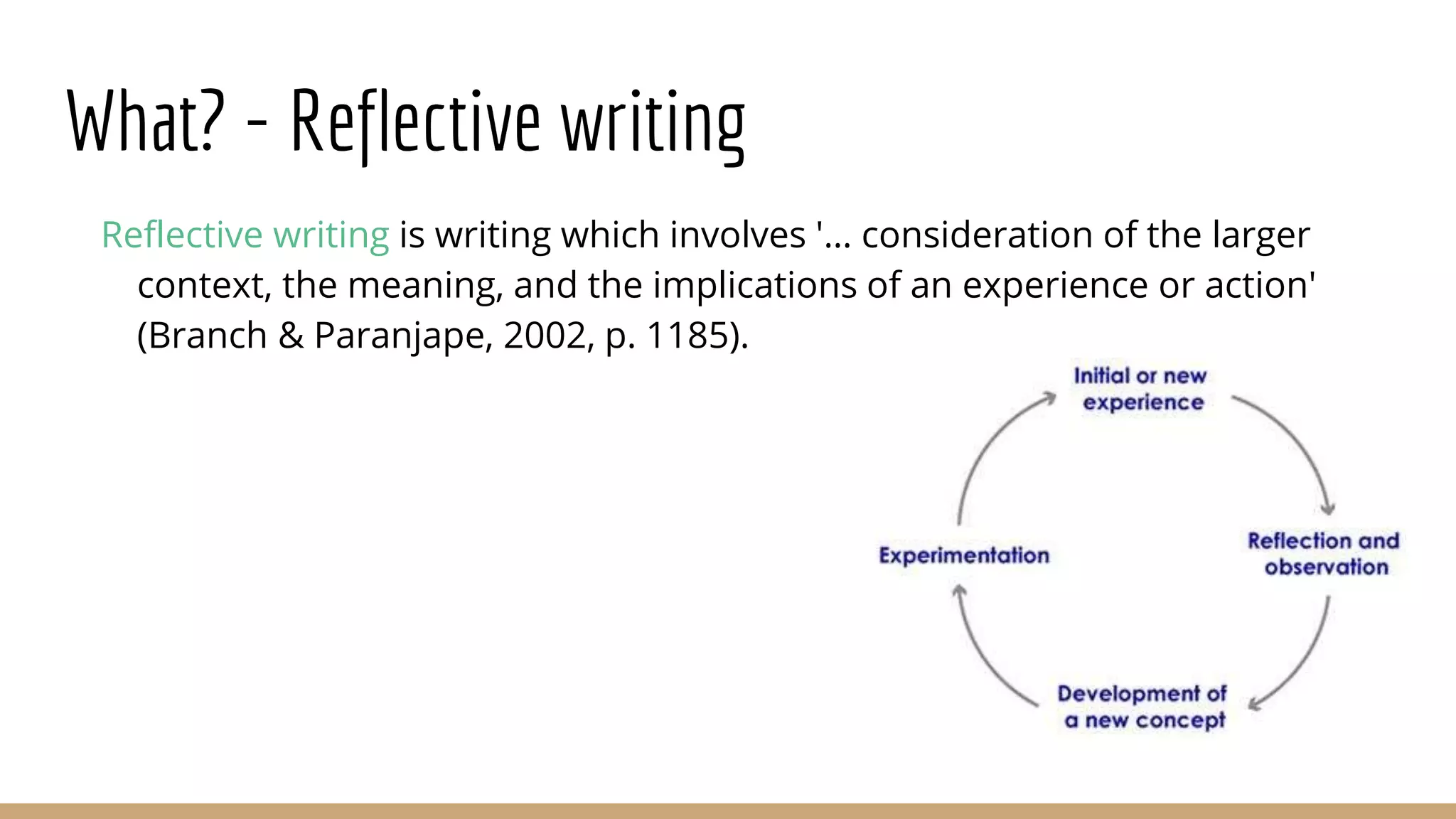 What? - Reflective writing
Reflective writing is writing which involves '… consideration of the larger
context, the meaning, and the implications of an experience or action'
(Branch & Paranjape, 2002, p. 1185).
 