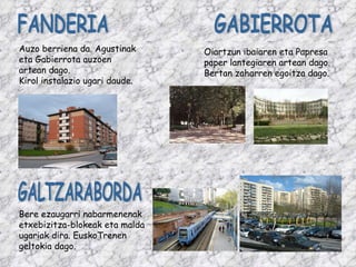 FANDERIA Auzo berriena da. Agustinak eta Gabierrota auzoen artean dago. Kirol instalazio ugari daude. GABIERROTA Oiartzun ibaiaren eta Papresa paper lantegiaren artean dago. Bertan zaharren egoitza dago. GALTZARABORDA Bere ezaugarri nabarmenenak etxebizitza-blokeak eta malda ugariak dira. EuskoTrenen geltokia dago. 