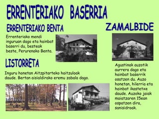 ZAMALBIDE Agustinak auzotik aurrera dago eta hainbat baserrik osatzen du. Auzo honetan, hilerria eta hainbat ikastetxe daude. Auzoko jaiak maiatzaren 15ean ospatzen dira, sanisidroak. LISTORRETA Inguru honetan Aitzpitarteko haitzuloak daude. Bertan aisialdirako eremu zabala dago. ERRENTERIAKO  BASERRIA ERRENTERIAKO BENTA Errenteriako mendi inguruan dago eta hainbat baserri du, besteak beste, Perurenako Benta. 