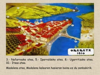3.- Nafarroako atea, 5.- Iparraldeko atea. 8.- Ugarritzako atea. 10.- Itsas atea. Madalena atea, Madalena kalearen hasieran baina ez du zenbakirik. 