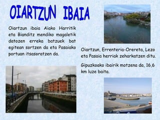 Oiartzun ibaia Aiako Harritik eta Bianditz mendiko magaletik datozen erreka batzuek bat egitean sortzen da eta Pasaiako portuan itsasoratzen da. Oiartzun, Errenteria-Orereta, Lezo eta Pasaia herriak zeharkatzen ditu. Gipuzkoako ibairik motzena da, 16,6 km luze baita. OIARTZUN  IBAIA 