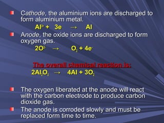CCathodeathode, the aluminium ions are discharged to, the aluminium ions are discharged to
form aluminium metal.form aluminium metal.
AlAl3+3+
+ 3e → Al+ 3e → Al
AAnodenode, the oxide ions are discharged to form, the oxide ions are discharged to form
oxygen gas.oxygen gas.
2O2O2-2-
→ O→ O22 + 4e+ 4e--
The overall chemical reaction is:The overall chemical reaction is:
2Al2Al22OO33 → 4Al + 3O→ 4Al + 3O22
The oxygen liberated at the anode will reactThe oxygen liberated at the anode will react
with the carbon electrode to produce carbonwith the carbon electrode to produce carbon
dioxide gas.dioxide gas.
The anode is corroded slowly and must beThe anode is corroded slowly and must be
replaced form time to time.replaced form time to time.
 