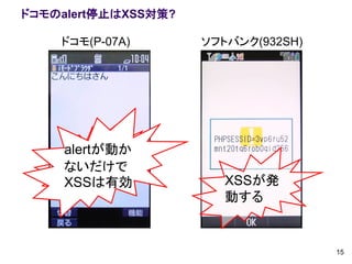 ドコモのalert停止はXSS対策?

    ドコモ(P-07A)       ソフトバンク(932SH)




     alertが動か
     XSSは発
     ないだけで
     動しない
     XSSは有効             XSSが発
                        動する


                                     15
 