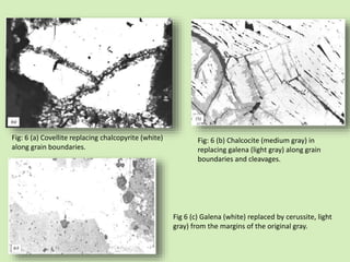 Fig: 6 (a) Covellite replacing chalcopyrite (white)
along grain boundaries.
Fig: 6 (b) Chalcocite (medium gray) in
replacing galena (light gray) along grain
boundaries and cleavages.
Fig 6 (c) Galena (white) replaced by cerussite, light
gray) from the margins of the original gray.
 