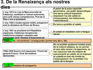 3. De la Renaixença als nostres dies L’any 1923 s’acaba aquest relatiu autogovern amb la dictadura de Primo de Rivera. L’any 1914 es crea la Mancomunitat de Catalunya, semblant a l’actual autonomia, però amb menys competències. Prat de la Riba n’era el president. Es torna a prohibir el català. A pesar de la poca capacitat governativa, van poder desenvolupar una tasca cultural important, impulsant l’ús del català en l’ensenyament, les institucions, l’administració… Modernisme, noucentisme i avantguardes (primer terç del s. XX). CLICA AQUÍ PER A MÉS INFORMACIÓ L’any 1931 es proclama la II República espanyola. Catalunya recupera les institucions pròpies i assoleix més autogovern amb l’Estatut d’Autonomia de 1932. El català es restableix com a llengua oficial. 1936-1939 Guerra civil espanyola. Triomf del general Franco i final del sistema democràtic. Es va prohibir qualsevol símbol propi de la cultura catalana, es va canviar el nom dels carrers i la toponímia, es van clausurar tots els mitjans de comunicació en català, es va imposar el castellà en tots els nivells de l’ensenyament i es va prohibir l’ús públic de la llengua. Literatura catalana de postguerra. CLICA AQUÍ PER A MÉS INFORMACIÓ 