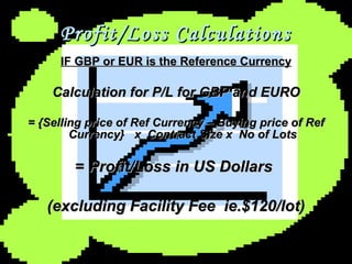 Profit/Loss Calculations IF GBP or EUR is the Reference Currency Calculation for P/L for GBP and EURO   = {Selling price of Ref Currency – Buying price of Ref Currency}  x  Contract Size x  No of Lots =  Profit/Loss in US Dollars  (excluding Facility Fee  ie.$120/lot)   