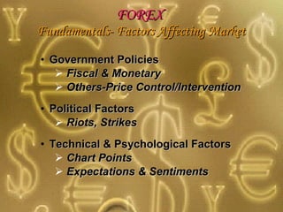 FOREX  Fundamentals- Factors Affecting Market Government Policies Fiscal & Monetary Others-Price Control/Intervention Political Factors Riots, Strikes Technical & Psychological Factors Chart Points Expectations & Sentiments 