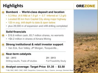 4
Bomboré - World-class deposit and location
• 5.3 Moz (4.6 M&I at 1.0 g/t + 0.7 Inferred at 1.2 g/t)
• Located 85 km from Capital City along major highway
• 120 m avg. drill depth to date & open below
• plus 29,000 m of expansion and infill drilling completed
Solid financials
• $16.8 million cash, 85.7 million shares, no warrants
• +$4.2 million in shares of Amara Mining
Strong institutional & retail investor support
• Van Eck, Sun Valley, JP Morgan, Tocqueville...
Near-term catalysts
Q2 – 2013
Drilling results, Trade off studies
2H - 2013
Full Feasibility Study
Analyst coverage: Target Price $1.35 - $3.50
• NB, RBC, BMO, CIBC, GMP, Desjardins, Canaccord, Ray J, Casimir, Jennings, Standard Bank
Highlights
4
 