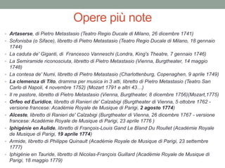Opere più note
• Artaserse, di Pietro Metastasio (Teatro Regio Ducale di Milano, 26 dicembre 1741)
• Sofonisba (o Siface), libretto di Pietro Metastasio (Teatro Regio Ducale di Milano, 18 gennaio
1744)
• La caduta de' Giganti, di Francesco Vanneschi (Londra, King's Theatre, 7 gennaio 1746)
• La Semiramide riconosciuta, libretto di Pietro Metastasio (Vienna, Burgtheater, 14 maggio
1748)
• La contesa de' Numi, libretto di Pietro Metastasio (Charlottenburg, Copenaghen, 9 aprile 1749)
• La clemenza di Tito, dramma per musica in 3 atti, libretto di Pietro Metastasio (Teatro San
Carlo di Napoli, 4 novembre 1752) (Mozart 1791 e altri 43…)
• Il re pastore, libretto di Pietro Metastasio (Vienna, Burgtheater, 8 dicembre 1756)(Mozart,1775)
• Orfeo ed Euridice, libretto di Ranieri de' Calzabigi (Burgtheater di Vienna, 5 ottobre 1762 -
versione francese: Académie Royale de Musique di Parigi, 2 agosto 1774)
• Alceste, libretto di Ranieri de' Calzabigi (Burgtheater di Vienna, 26 dicembre 1767 - versione
francese: Académie Royale de Musique di Parigi, 23 aprile 1776 )
• Iphigénie en Aulide, libretto di François-Louis Gand Le Bland Du Roullet (Académie Royale
de Musique di Parigi, 19 aprile 1774)
• Armide, libretto di Philippe Quinault (Académie Royale de Musique di Parigi, 23 settembre
1777)
• Iphigénie en Tauride, libretto di Nicolas-François Guillard (Académie Royale de Musique di
Parigi, 18 maggio 1779)
 