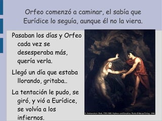 Orfeo comenzó a caminar, el sabía que Eurídice lo seguía, aunque él no la viera. Pasaban los días y Orfeo cada vez se desesperaba más, quería verla. Llegó un día que estaba llorando, gritaba.. La tentación le pudo, se giró, y vió a Eurídice, se volvía a los infiernos. 