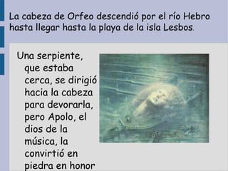 Una serpiente, que estaba cerca, se dirigió hacia la cabeza para devorarla, pero Apolo, el dios de la música, la convirtió en piedra en honor a Orfeo. La cabeza de Orfeo descendió por el río Hebro hasta llegar hasta la playa de la isla Lesbos . 