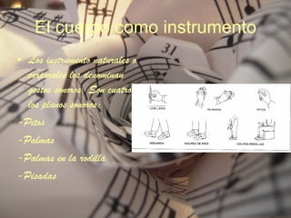 El cuerpo como instrumento Los instrumento naturales o corporales los denominan gestos sonoros. Son cuatro los planos sonoros: -Pitos  -Palmas  -Palmas en la rodilla -Pisadas  