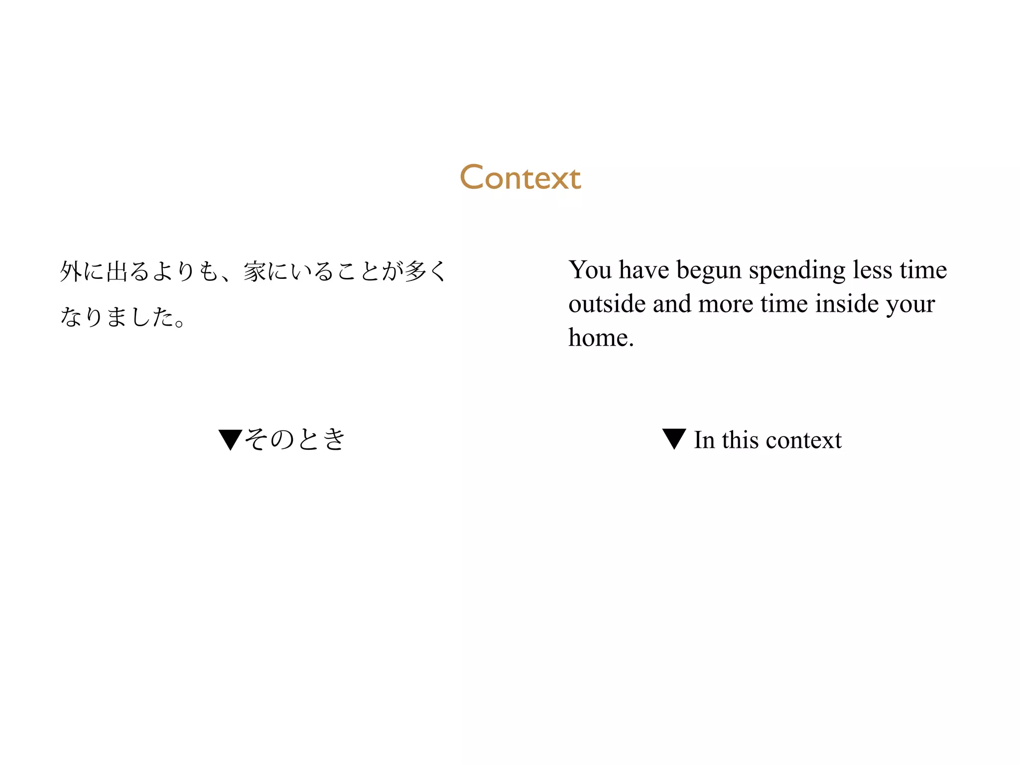 Context 
You have begun spending less time 
outside and more time inside your 
home. 
外に出るよりも、家にいることが多く 
なりました。 
▼そのとき▼ In this context 
 