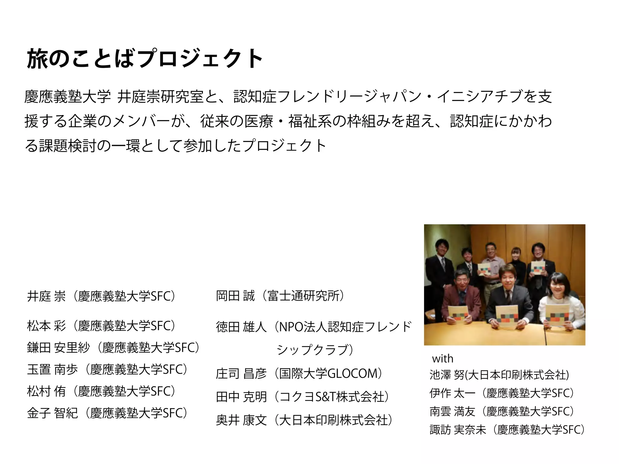 旅のことばプロジェクト 
慶應義塾大学 井庭崇研究室と、認知症フレンドリージャパン・イニシアチブを支 
援する企業のメンバーが、従来の医療・福祉系の枠組みを超え、認知症にかかわ 
る課題検討の一環として参加したプロジェクト 
井庭 崇（慶應義塾大学SFC） 
with 
池澤 努(大日本印刷株式会社) 
伊作 太一（慶應義塾大学SFC） 
南雲 満友（慶應義塾大学SFC） 
諏訪 実奈未（慶應義塾大学SFC） 
松本 彩（慶應義塾大学SFC） 
鎌田 安里紗（慶應義塾大学SFC） 
玉置 南歩（慶應義塾大学SFC） 
松村 侑（慶應義塾大学SFC） 
金子 智紀（慶應義塾大学SFC） 
岡田 誠（富士通研究所） 
徳田 雄人（NPO法人認知症フレンド 
　　　　　シップクラブ） 
庄司 昌彦（国際大学GLOCOM） 
田中 克明（コクヨS&T株式会社） 
奥井 康文（大日本印刷株式会社） 
 