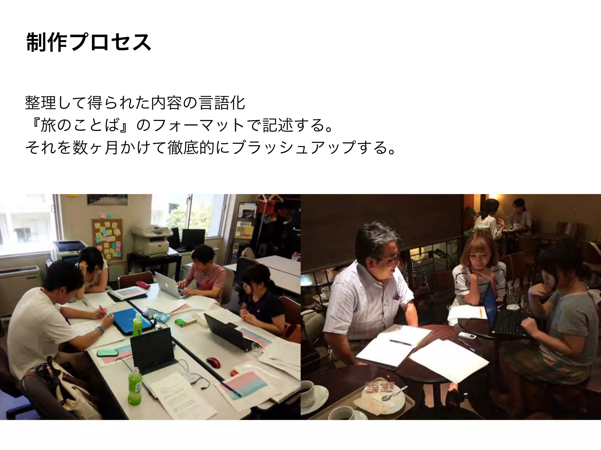 制作プロセス 
整理して得られた内容の言語化 
『旅のことば』のフォーマットで記述する。 
それを数ヶ月かけて徹底的にブラッシュアップする。 
 