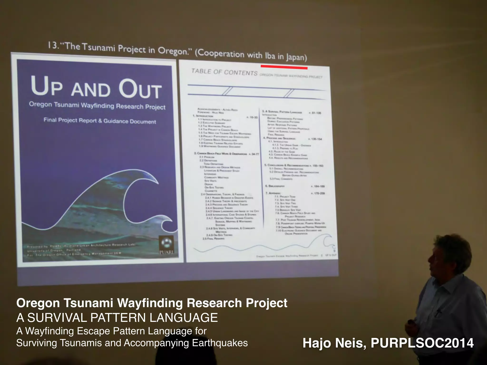 Oregon Tsunami Wayfinding Research Project! 
A SURVIVAL PATTERN LANGUAGE! 
A Wayfinding Escape Pattern Language for! 
Surviving Tsunamis and Accompanying Earthquakes Hajo Neis, PURPLSOC2014 
 