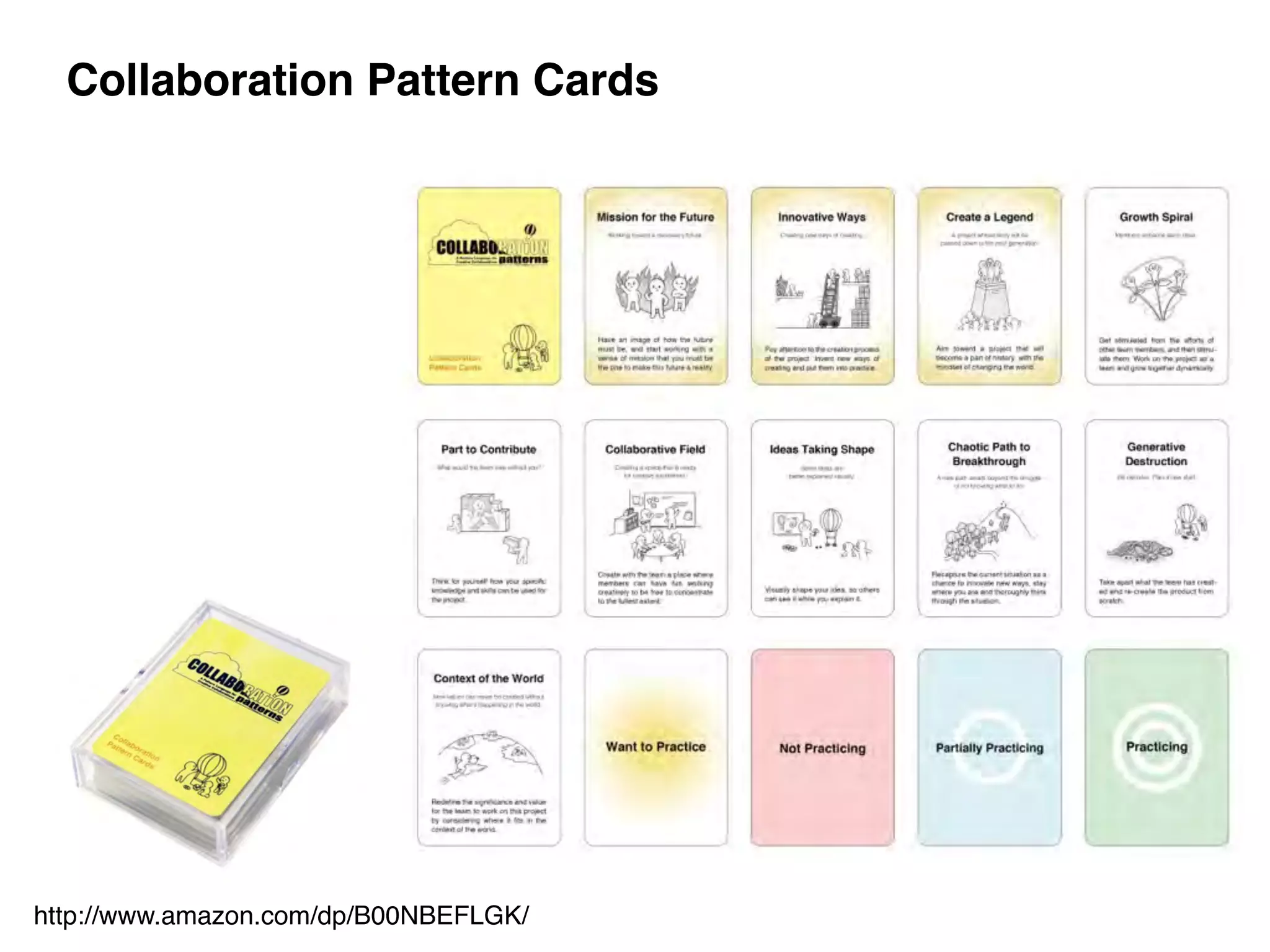 Collaboration Pattern Cards 
http://www.amazon.com/dp/B00NBEFLGK/ 
 