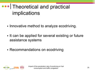 25
Theoretical and practical
implications
• Innovative method to analyze ecodriving.
• It can be applied for several exist...